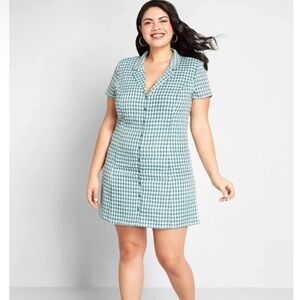 Modcloth Daytime Dynamo Green Checkered Button-Up Dress Gingham 100% Cotton